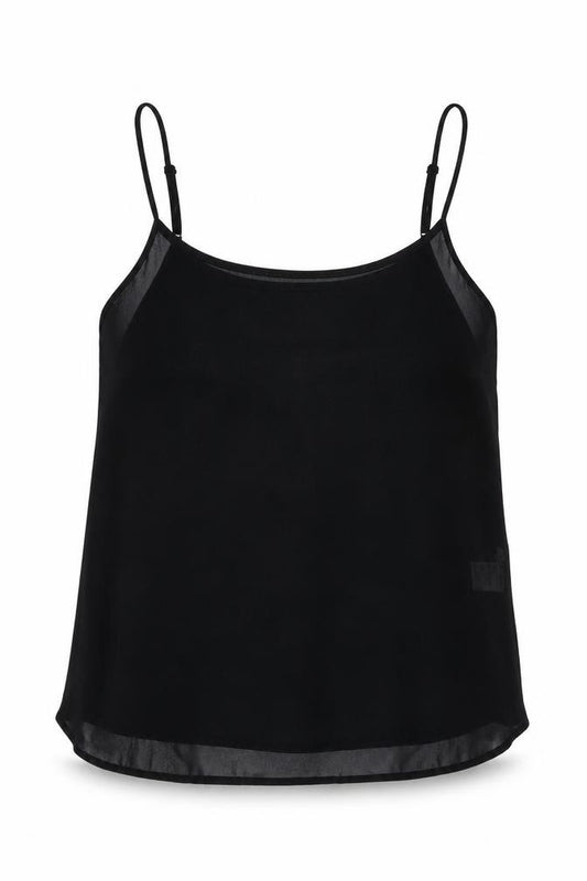 Front view of Paper Scissors women’s black polyester basic tank, size UK 10, square neck - sheer
