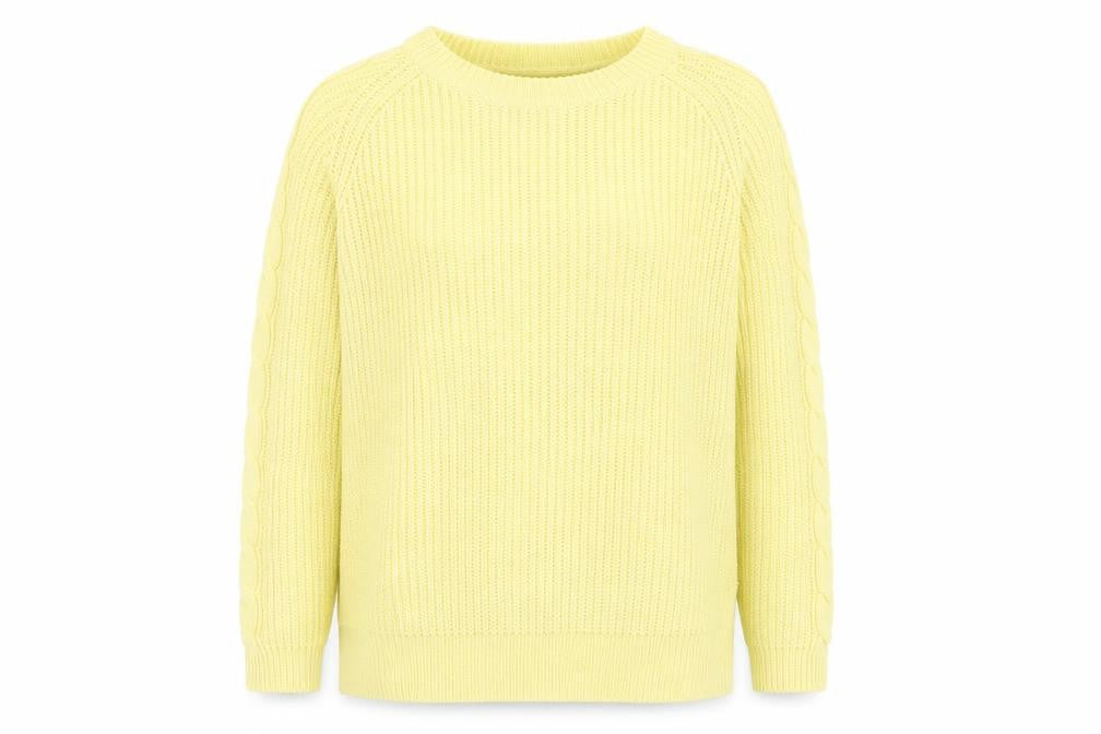 Front view of b.young women’s yellow round neck acrylic jumper, size L