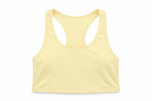 Front view of ASOS women’s yellow polyester cropped tank, size UK 6, scoop neck