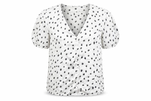 Front view of ASOS women’s white polka dot polyester basic button-up, size UK 6, v-neck