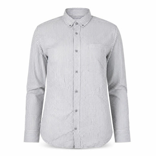 Front view of Linea women’s blue striped 100% cotton jersey button-up, size S, collared