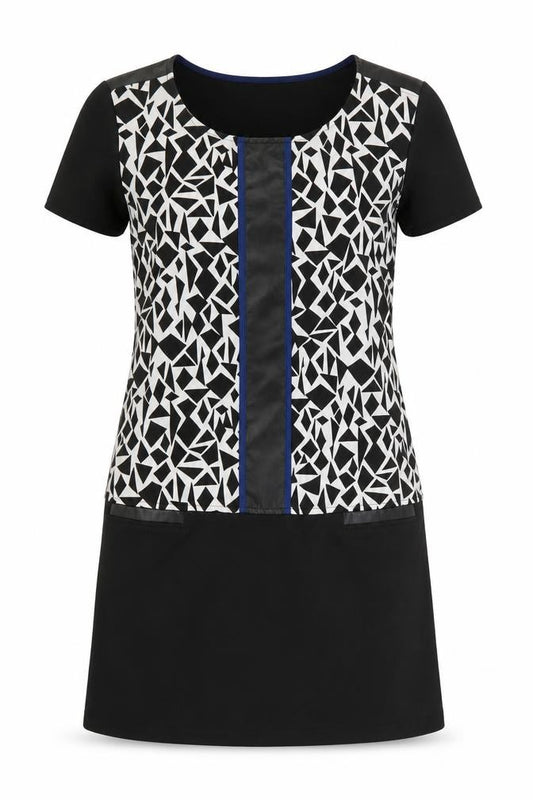 Front view of Miss Captain women’s black geometric polyester a-line, size UK 10, round neck pullover