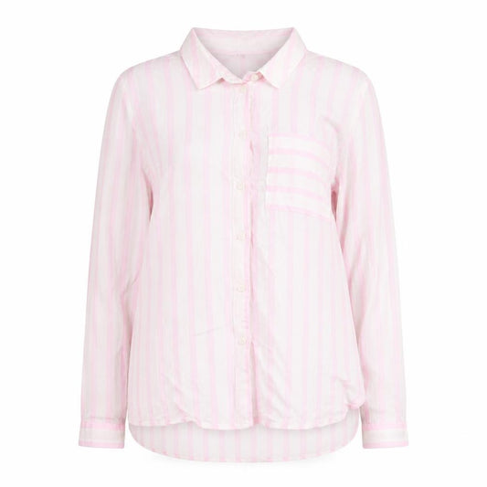 Front view of Only women’s pink striped viscose jersey button-up, size UK 12, collared