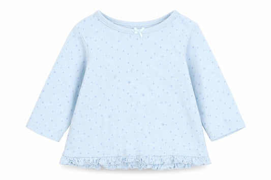 Front view of George girls’ blue spotted cotton basic t-shirt, size 0-3, months round neck pullover