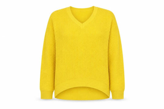 Front view of Vera Moda women’s yellow v-neck acrylic jumper, size S