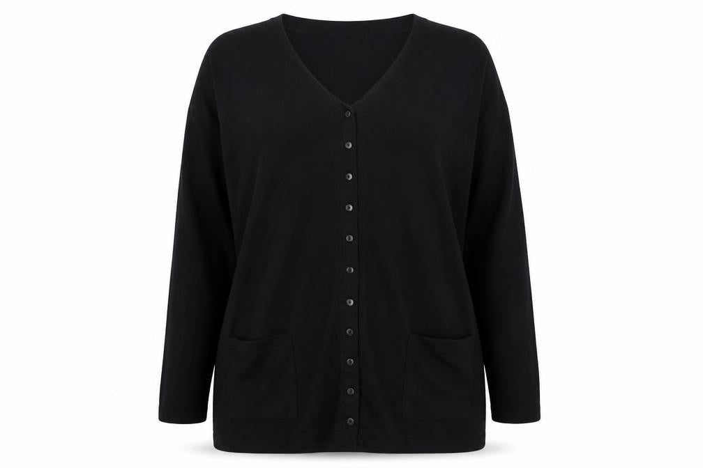 Front view of Canda women’s black v-neck cotton cardigan jumper, size M