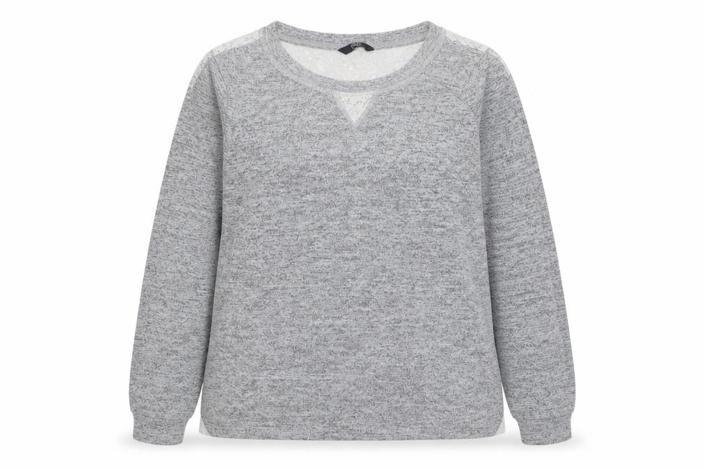 Front view of F&F women’s grey round neck polyester jumper, size UK 16
