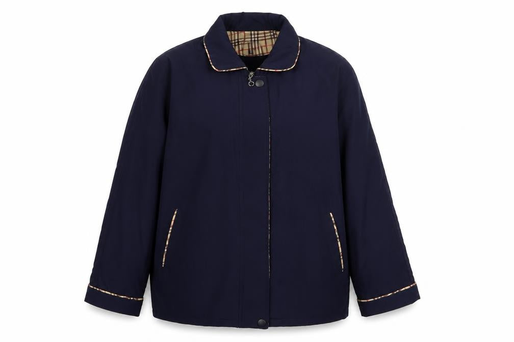 Front view of Boway Brand women’s blue overcoat coat, size L