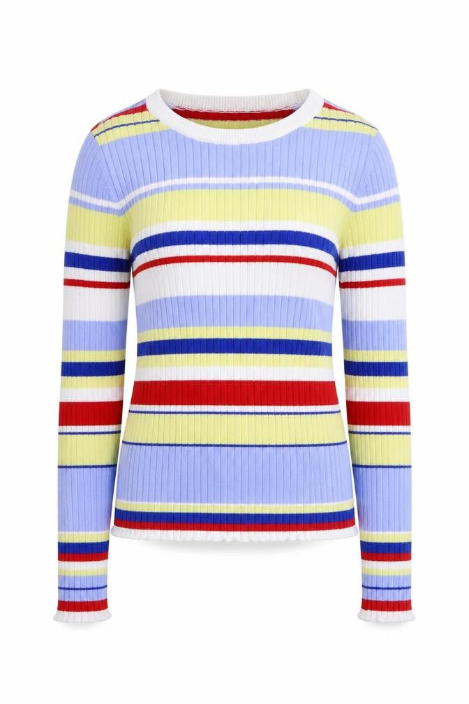 Front view of Monki women’s multicoloured round neck striped cotton jumper, size XS