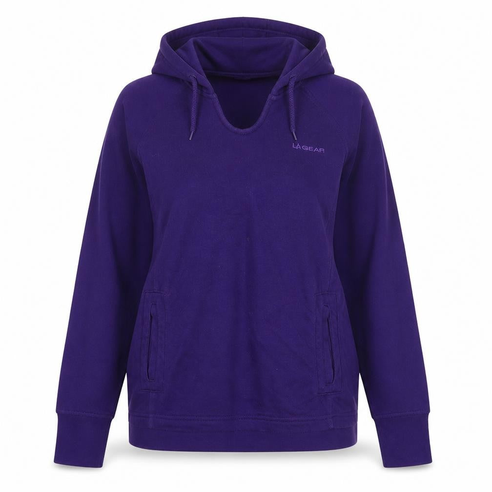 Front view of LAGear women’s purple polyester pullover hoodie, size UK 10