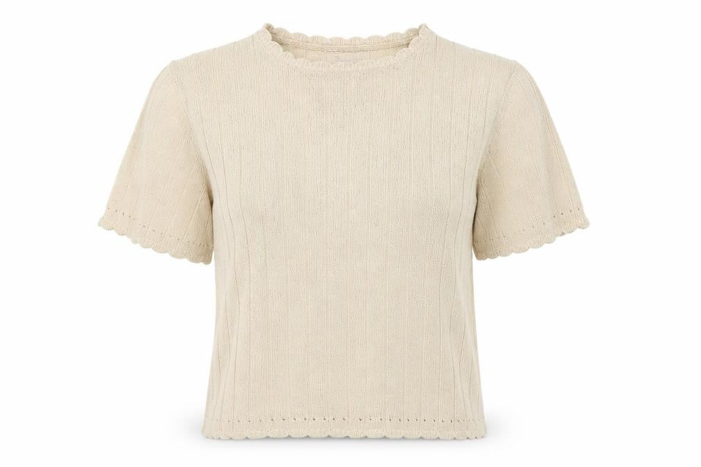 Front view of Berkertex women’s beige round neck acrylic jumper, size UK 10