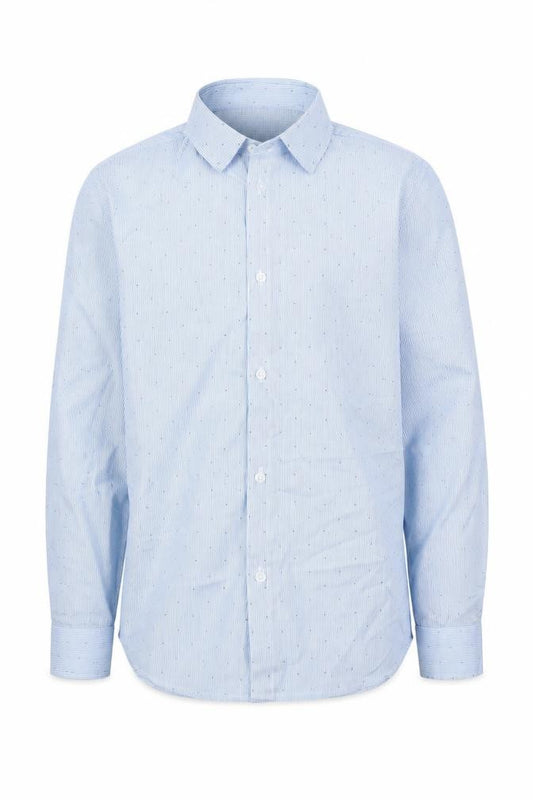Front view of H&M boys’ blue striped polyester basic button-up, size 11-12, years collared