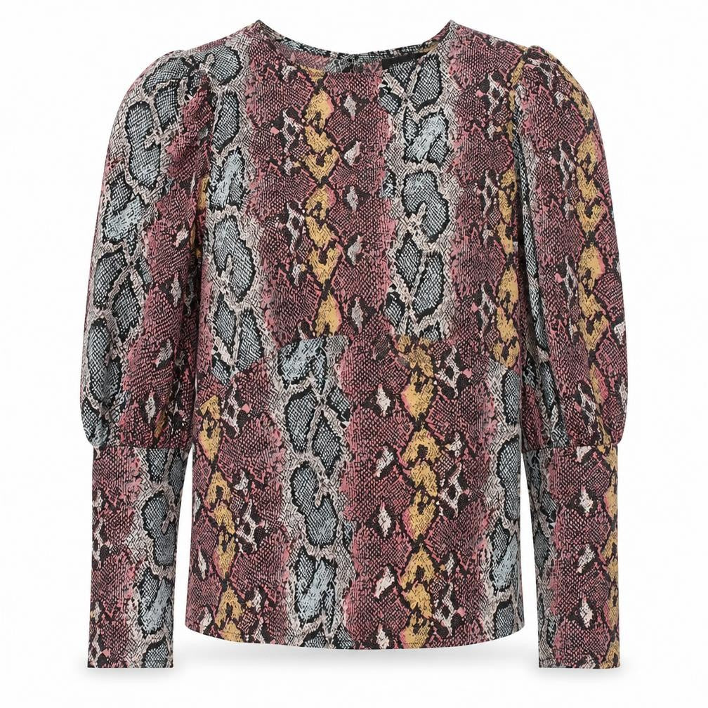 Front view of Chemistry women’s pink animal print polyester basic blouse, size UK 8, round neck