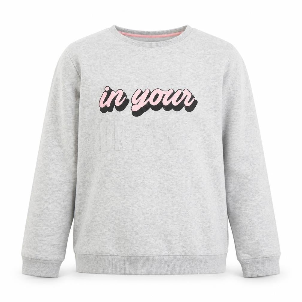 Front view of H&M girls’ grey cotton pullover sweatshirt, size 14, years - in your dreams