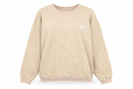 Front view of I SAW IT FIRST women’s beige cotton pullover sweatshirt, size M, - love
