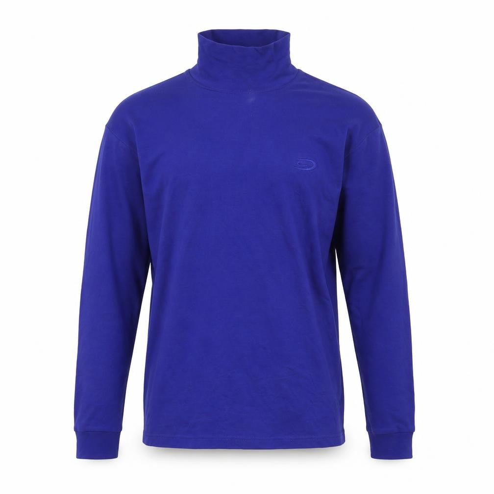 Front view of Crane men’s blue mock neck cotton jumper, size M