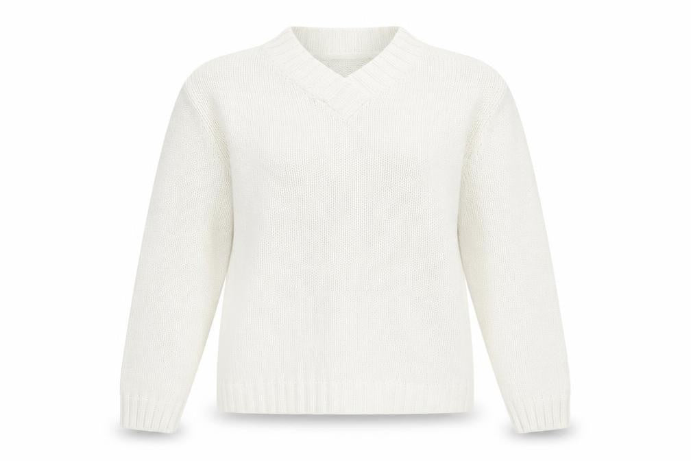 Front view of Liz Claiborne women’s white v-neck acrylic jumper, size M