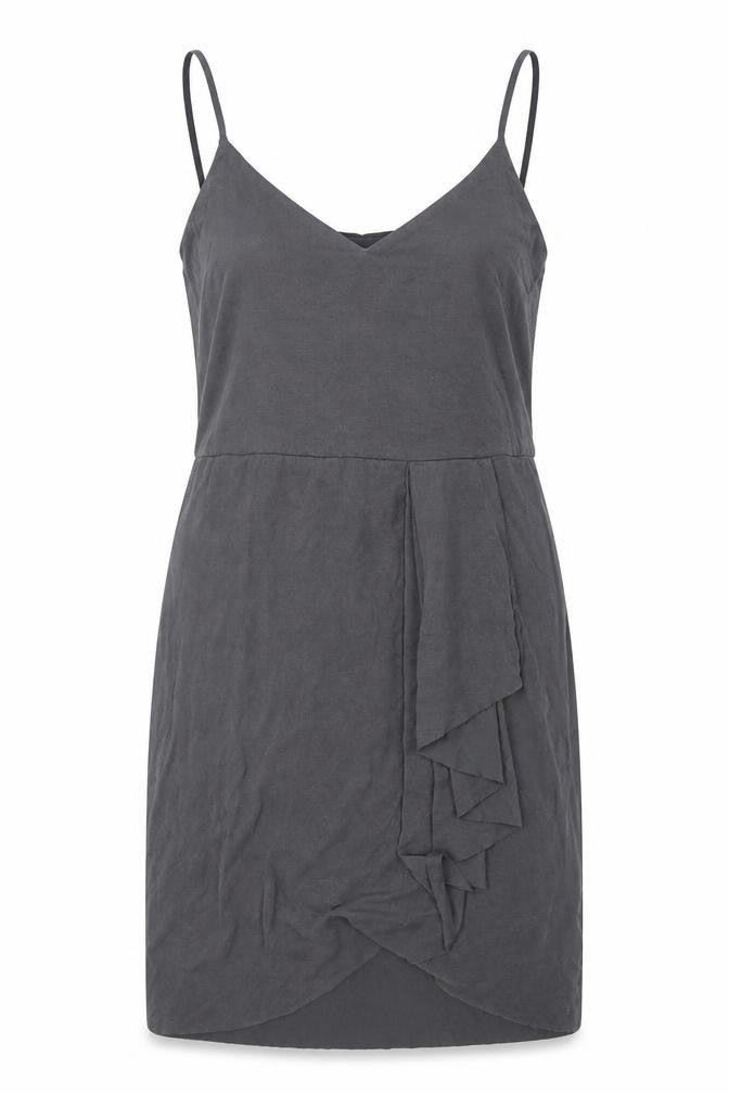 Front view of H&M women’s grey modal slip dress, size L, v-neck