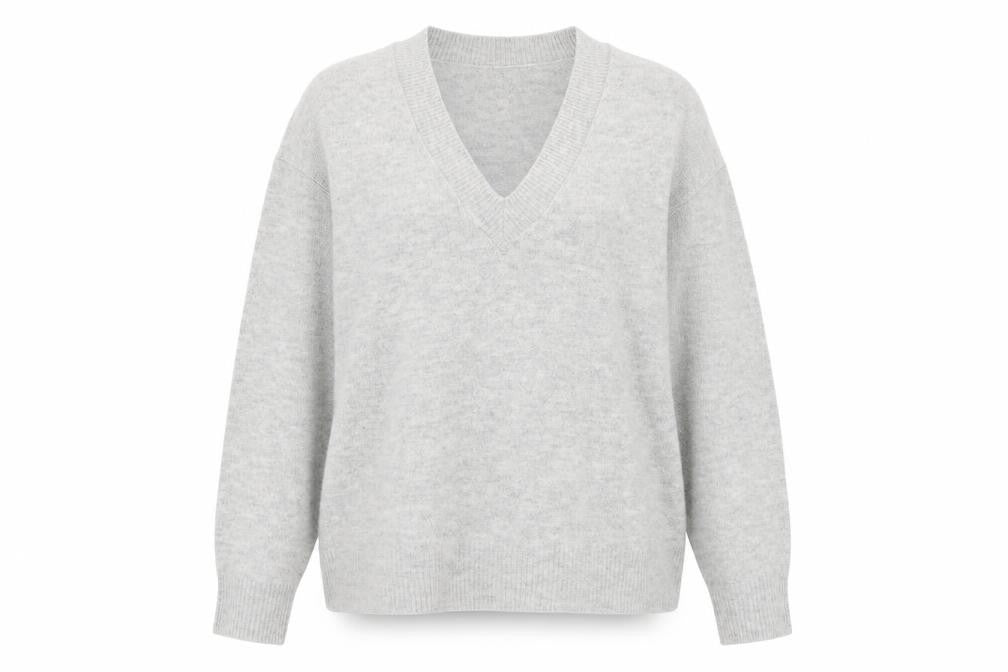 Front view of Primark women’s grey v-neck acrylic jumper, size UK 14, - 14-16