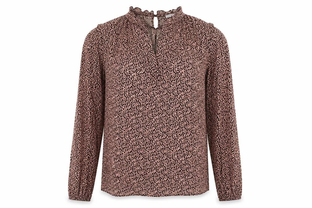 Front view of Papaya women’s pink geometric viscose basic blouse, size UK 10, round neck