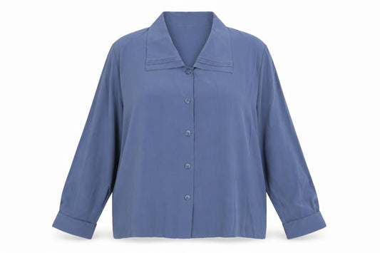 Front view of Galuelle women’s blue polyester basic button-up, size UK 18, collared