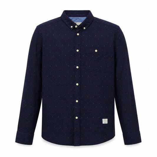 Front view of Category A men’s blue geometric cotton button-up, size L, collared button