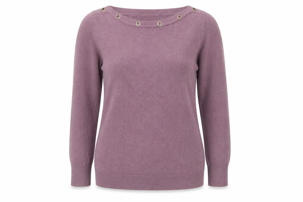 Front view of Beloved women’s purple boat neck acrylic jumper, size M