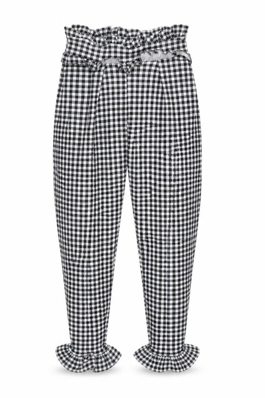 Front view of PRETTYLITTLETHING women’s black check polyester cropped trousers, size UK 6, 24-inch leg regular