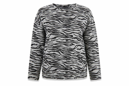 Front view of Next women’s grey crew neck animal print polyester jumper, size UK 8