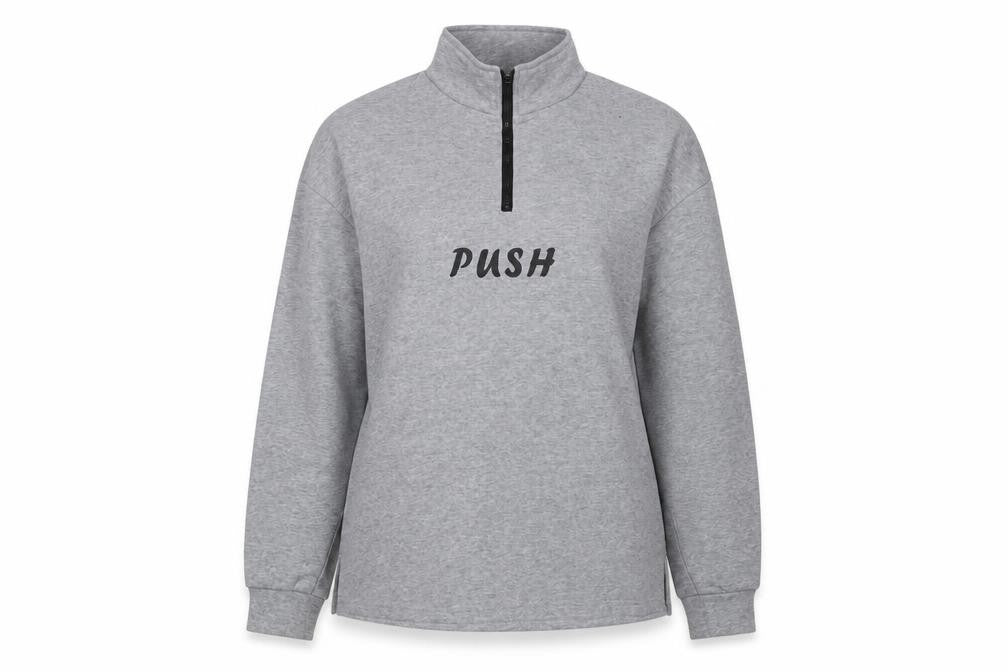 Front view of SHEIN women’s grey cotton pullover sweatshirt, size M, zip - push