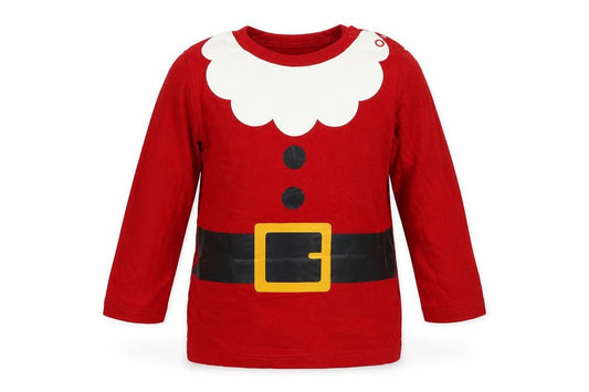 Front view of H&M Baby Red Cotton Pullover T-Shirt, size 12-18, Months Crew Neck Snap - Santa