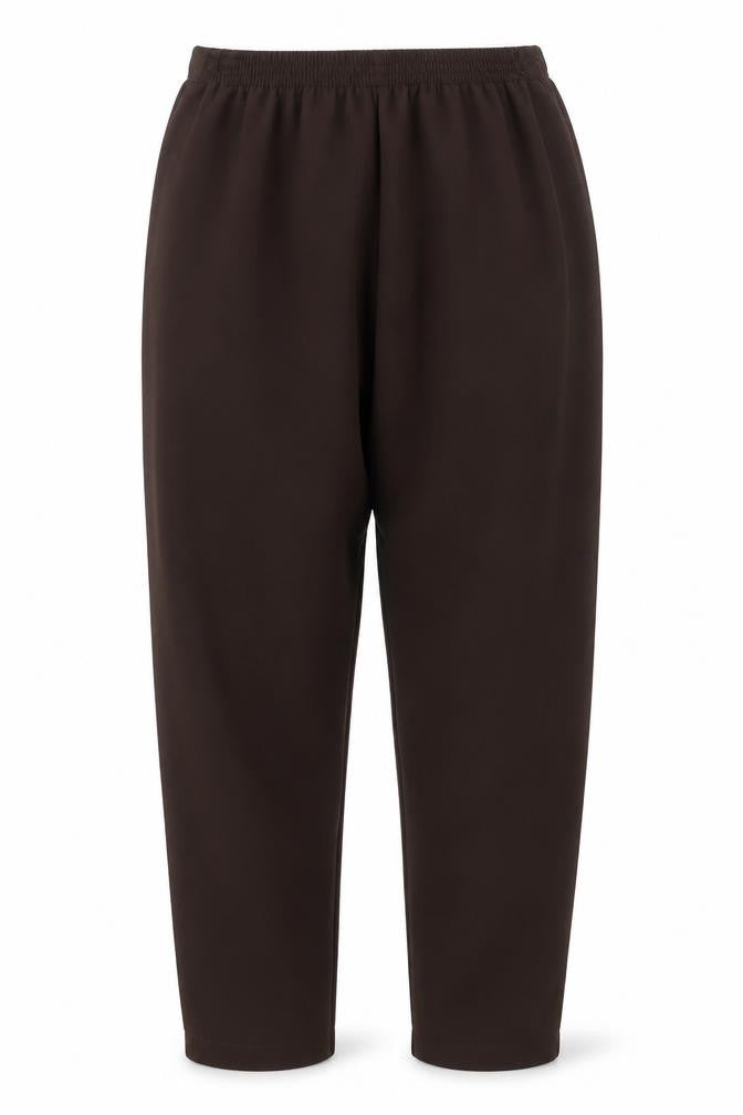 Front view of Preworn women’s brown polyester trousers, size UK 14, 28-inch leg regular