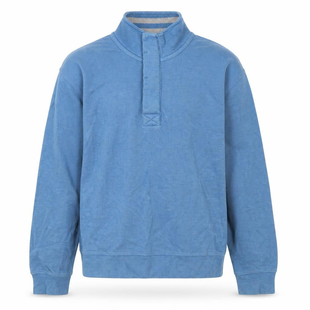 Front view of Sand Stone men’s blue mock neck cotton jumper, size M