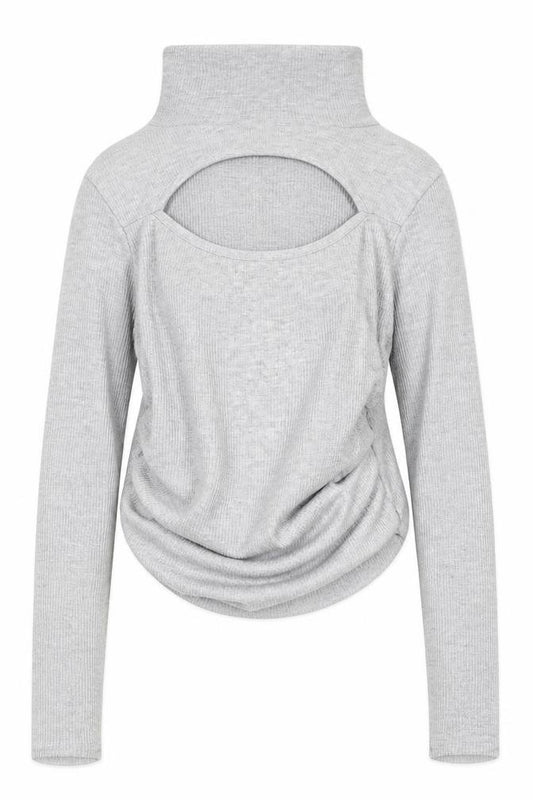 Front view of Boohoo women’s grey mock neck polyester jumper, size UK 10