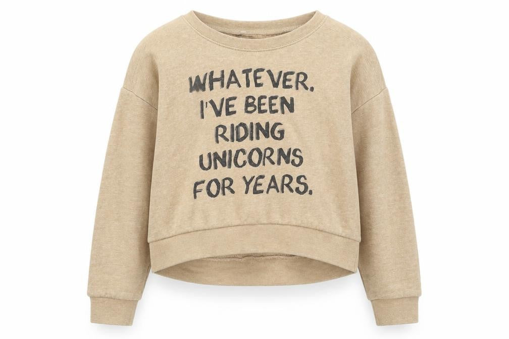 Front view of 915 Generation girls’ beige cotton pullover sweatshirt, size 10-11, years