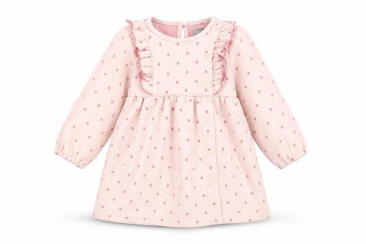 Front view of Primark girls’ pink spotted polyester skater dress, size 12-18, months round neck