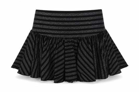 Front view of Next girls’ black striped viscose skater skirt, size 9, years regular