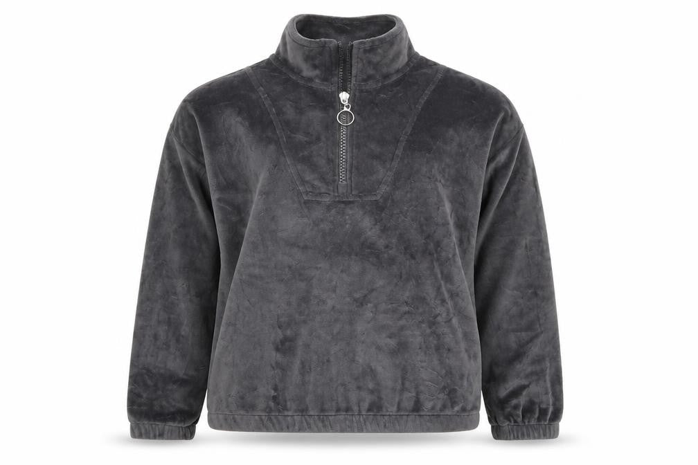 Front view of Dunnes girls’ grey polyester pullover sweatshirt, size 9-10, years zip