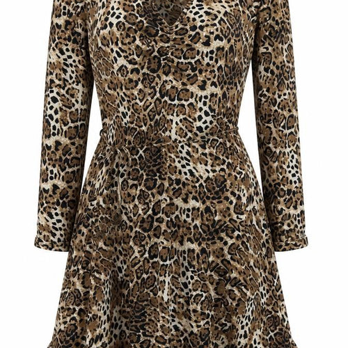 Sosandar Womens Beige Animal Print Polyester Skater Dress Size 8 V-Neck Pullover