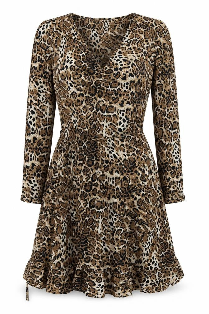 Sosandar Womens Beige Animal Print Polyester Skater Dress Size 8 V-Neck Pullover