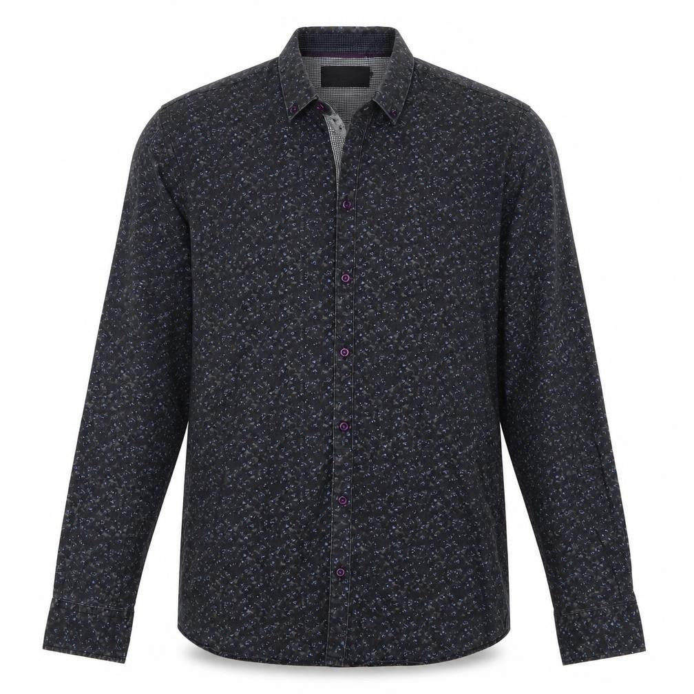 Front view of Vito men’s grey floral cotton button-up, size L, collared button