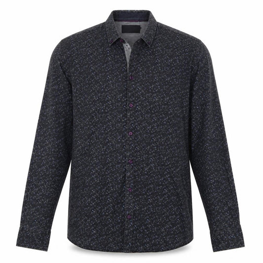 Front view of Vito men’s grey floral cotton button-up, size L, collared button