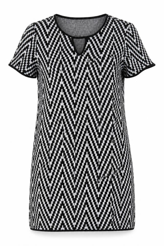 Front view of Dorothy Perkins women’s black geometric polyester shift, size UK 10, round neck