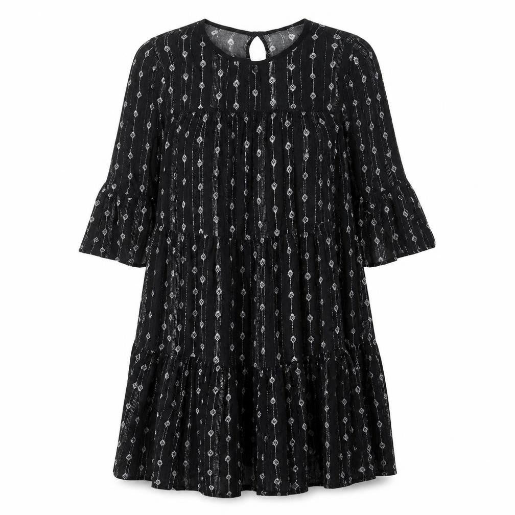 Front view of New Look women’s black geometric viscose shift, size UK 10, round neck