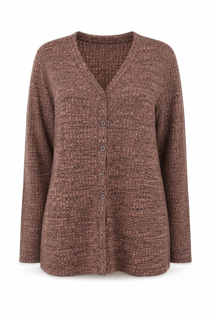 Front view of New Look women’s brown v-neck polyester jumper, size UK 12