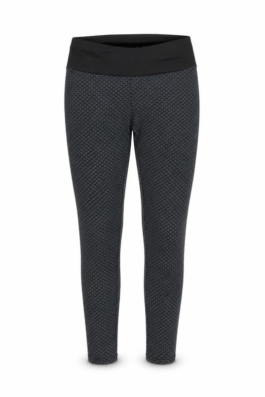 Front view of Preworn women’s grey polyester compression leggings, size L, 26-inch leg regular pullover