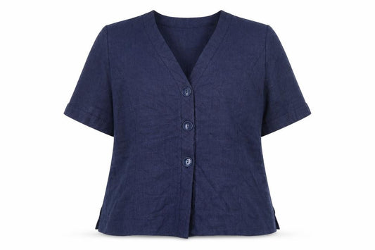Front view of Saloos women’s blue jacket blazer, size UK 18, button
