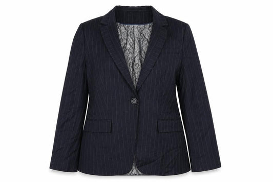 Front view of Marks & Spencer women’s blue striped jacket blazer, size UK 12, button