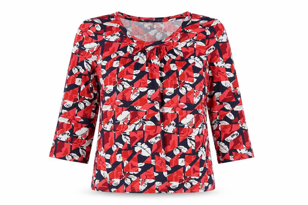 Autonomy Womens Red Geometric Viscose Jersey T-Shirt Size 16 Round Neck