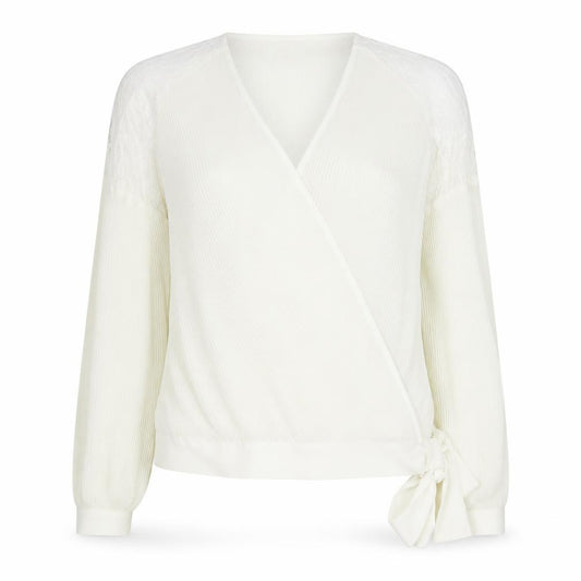 Front view of Next women’s ivory polyester wrap blouse, size UK 10, v-neck